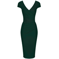 Forest Green Cap Sleeve Crossover Top Bodycon Wiggle Pencil Dress - Pretty Kitty Fashion