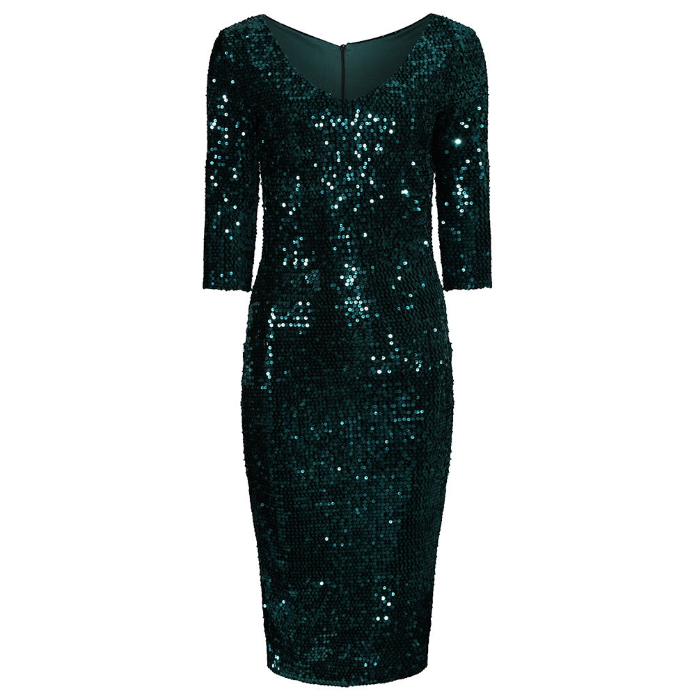 Emerald Green 3/4 Sleeve V Neck Velour Sequin Pencil Wiggle Party Dress - Pretty Kitty Fashion