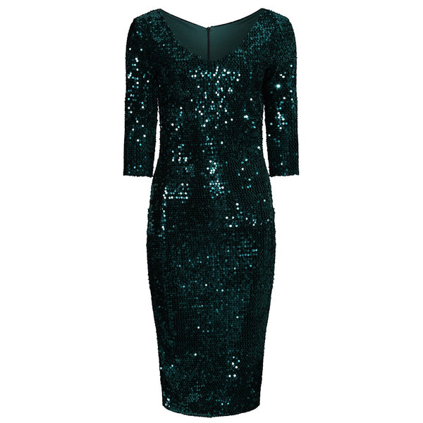 Emerald Green 3/4 Sleeve V Neck Velour Sequin Pencil Wiggle Party Dres ...