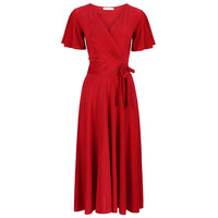 Red Cap Sleeve Crossover V Neck Wrap Top Swing Dress - Pretty Kitty Fashion