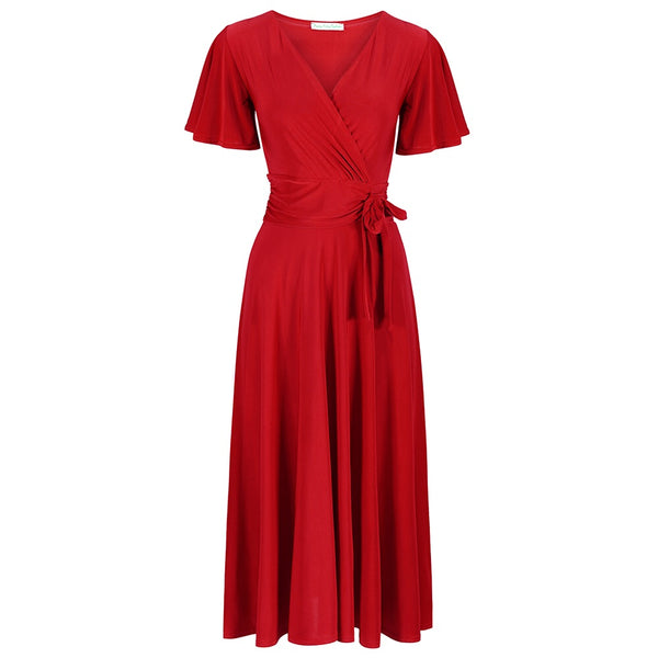 Red Cap Sleeve Crossover V Neck Vintage Wrap Top Swing Dress – Pretty Kitty  Fashion