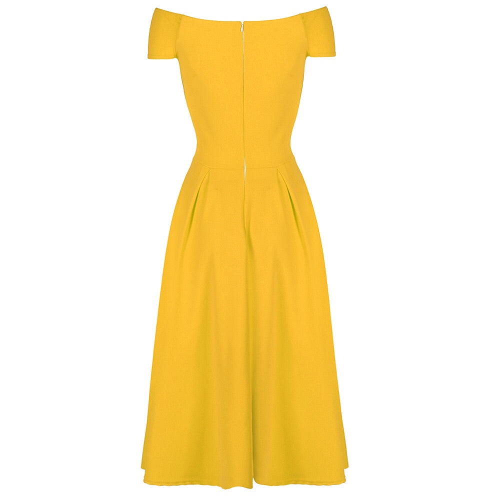 Yellow Cap Sleeve Crossover Top 50s Swing Bardot Dress - Pretty Kitty Fashion