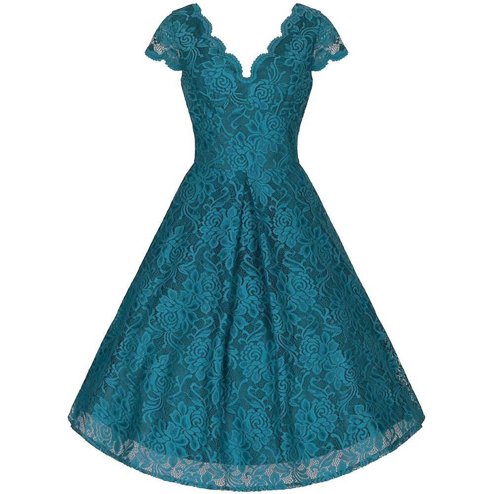 Jolie Moi Teal Lace Embroidered Cap Sleeve Swing Dress - Pretty Kitty Fashion