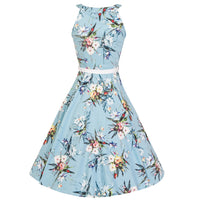 Sky Blue Floral Print Halter Neck Cut Out 50s Swing Dress - Pretty Kitty Fashion