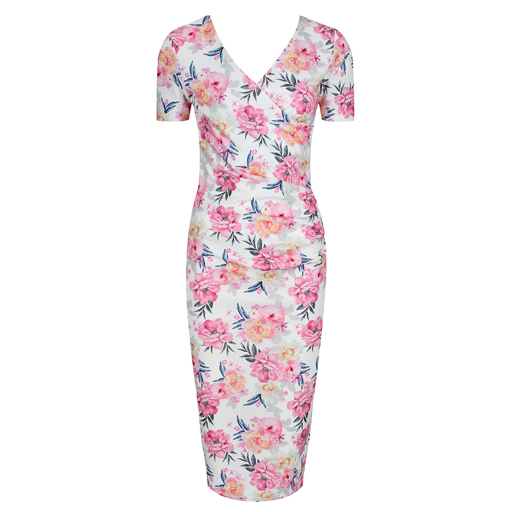 White Pink Floral Print Short Sleeve Summer Bodycon Wiggle Dress