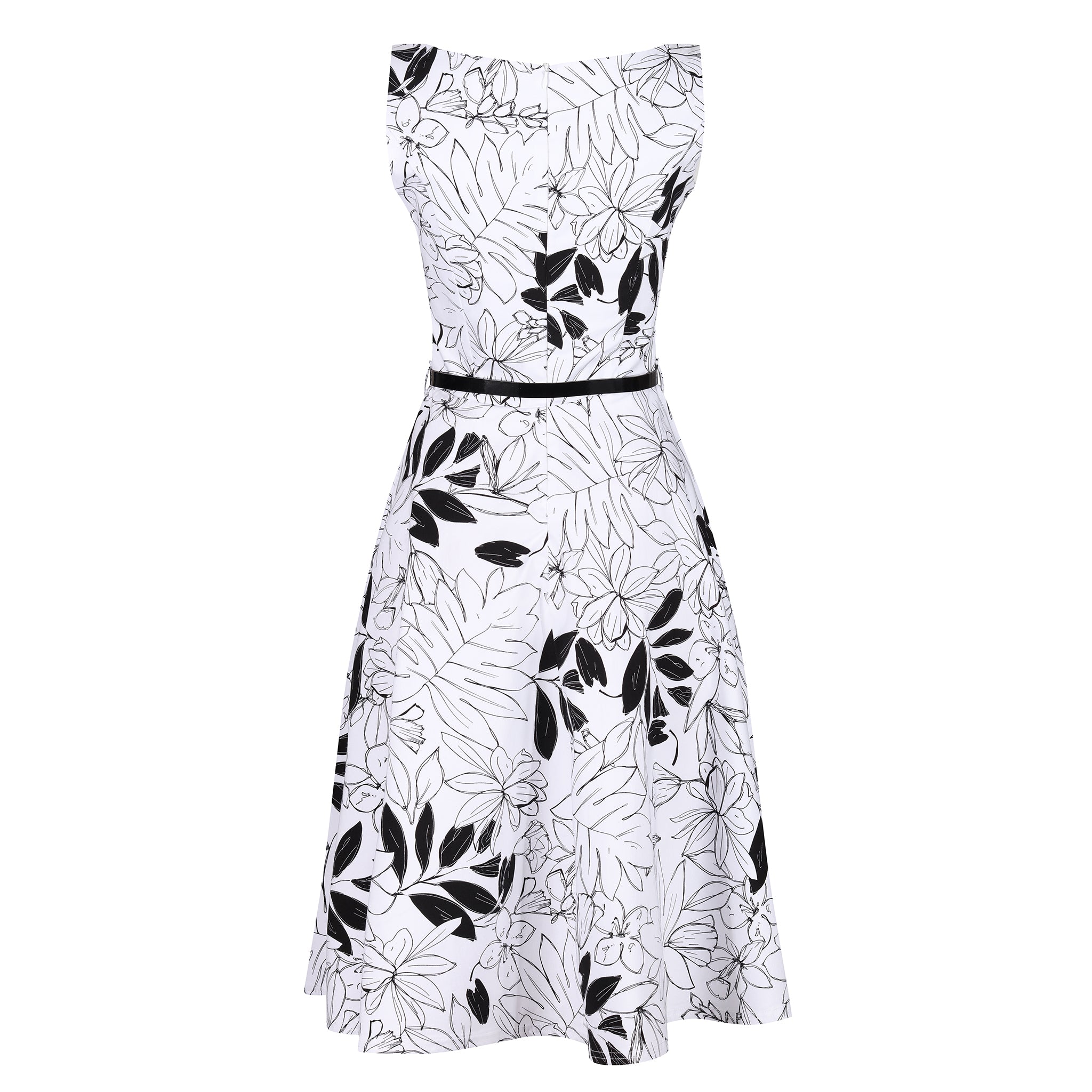 White And Black Floral Print Audrey Style 1950s Swing Dress