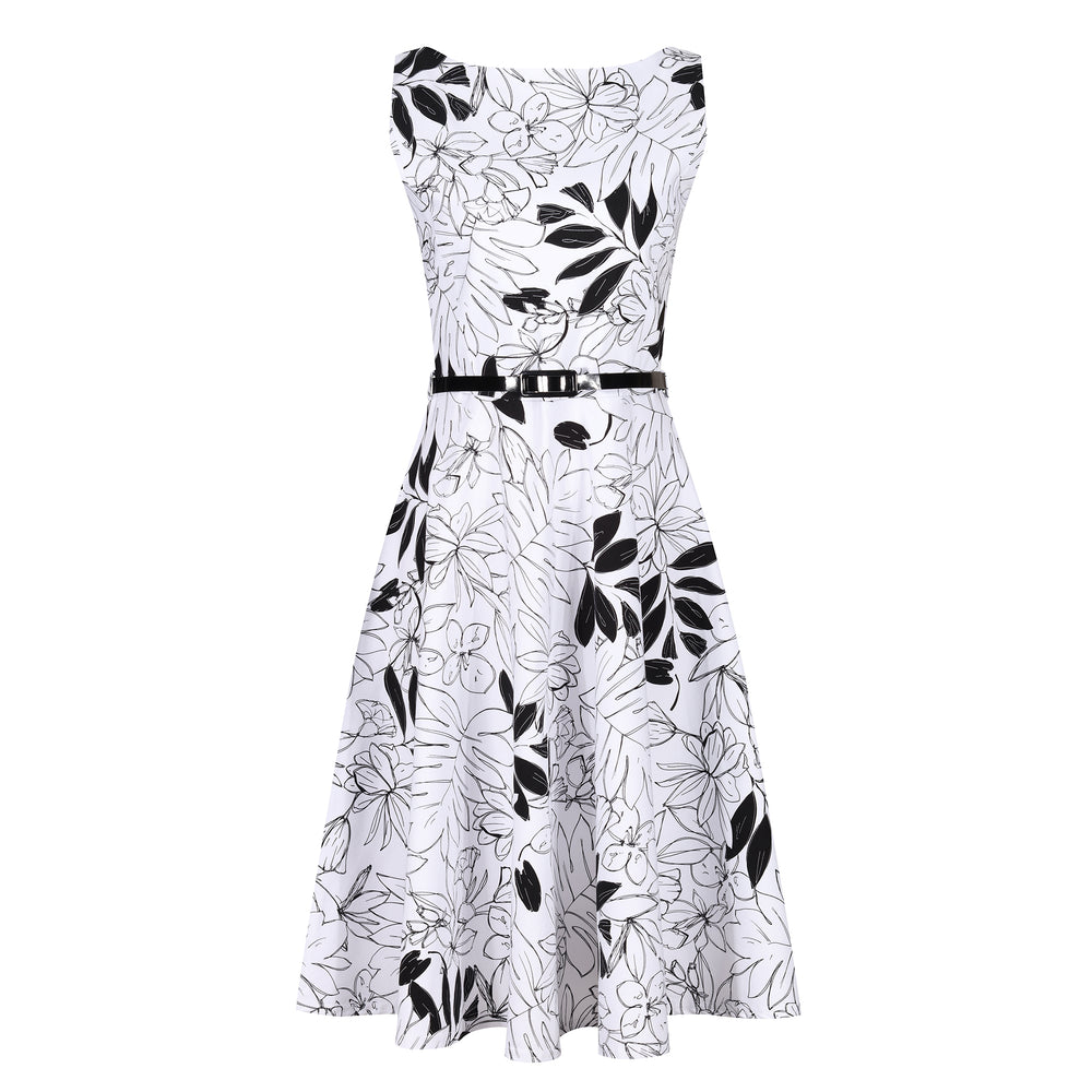 White And Black Floral Print Audrey Style 1950s Swing Dress