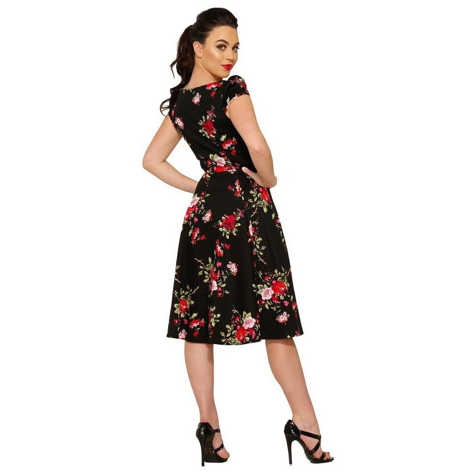 Black Floral Blossom Print Rockabilly 50s Swing Dress - Pretty Kitty ...