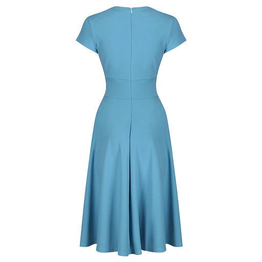 Pretty Blue Vintage A Line Crossover Capped Sleeve Tea Swing Dress - Pretty Kitty Fashion