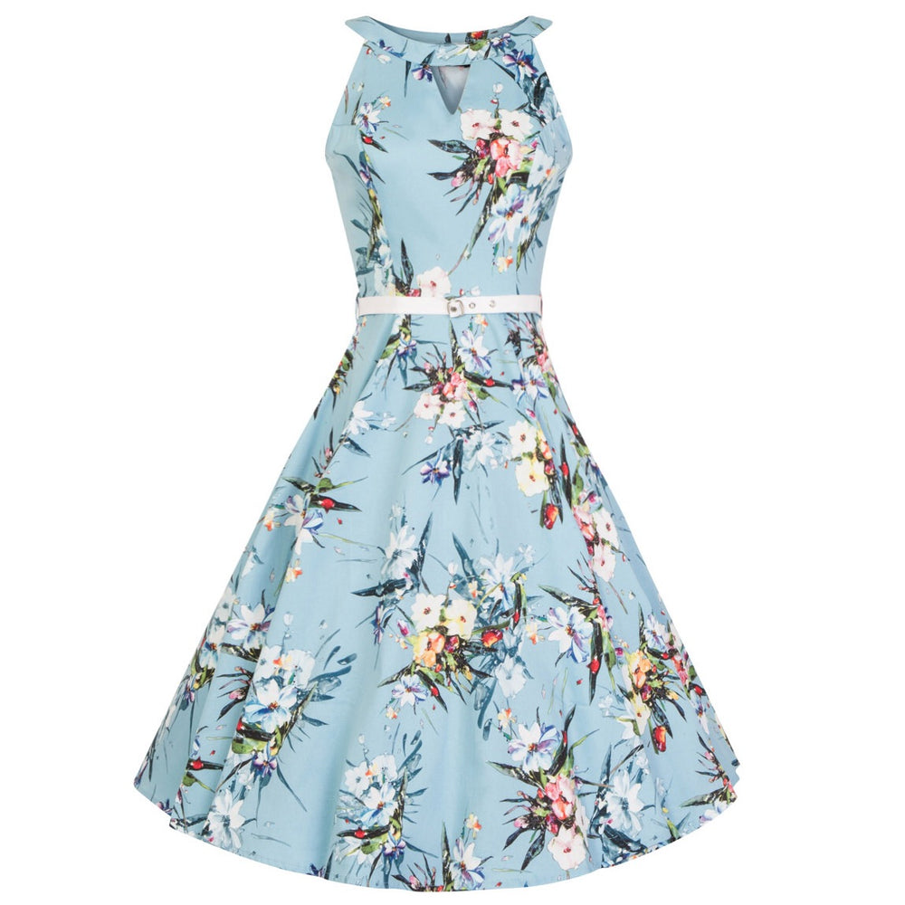 Sky Blue Floral Print Halter Neck Cut Out 50s Swing Dress - Pretty Kitty Fashion