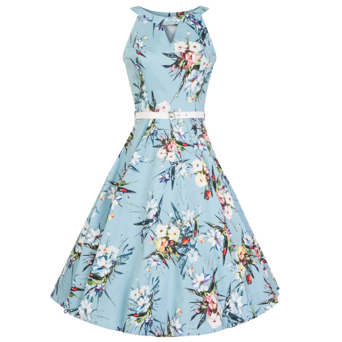 Sky Blue Floral Print Halter Neck Cut Out 50s Swing Dress - Pretty Kitty Fashion