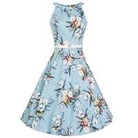 Sky Blue Floral Print Halter Neck Cut Out 50s Swing Dress - Pretty Kitty Fashion