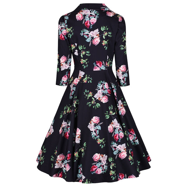 Navy Floral Print 3/4 Sleeve Shawl Collar V Neck 50s Swing Tea Dress ...