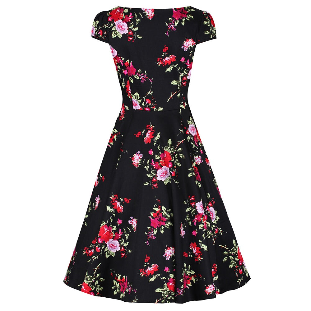 Black Floral Blossom Print Rockabilly 50s Swing Dress - Pretty Kitty Fashion