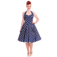Navy Blue and White Vintage 1950s Polka Dot Swing Dress - Pretty Kitty Fashion