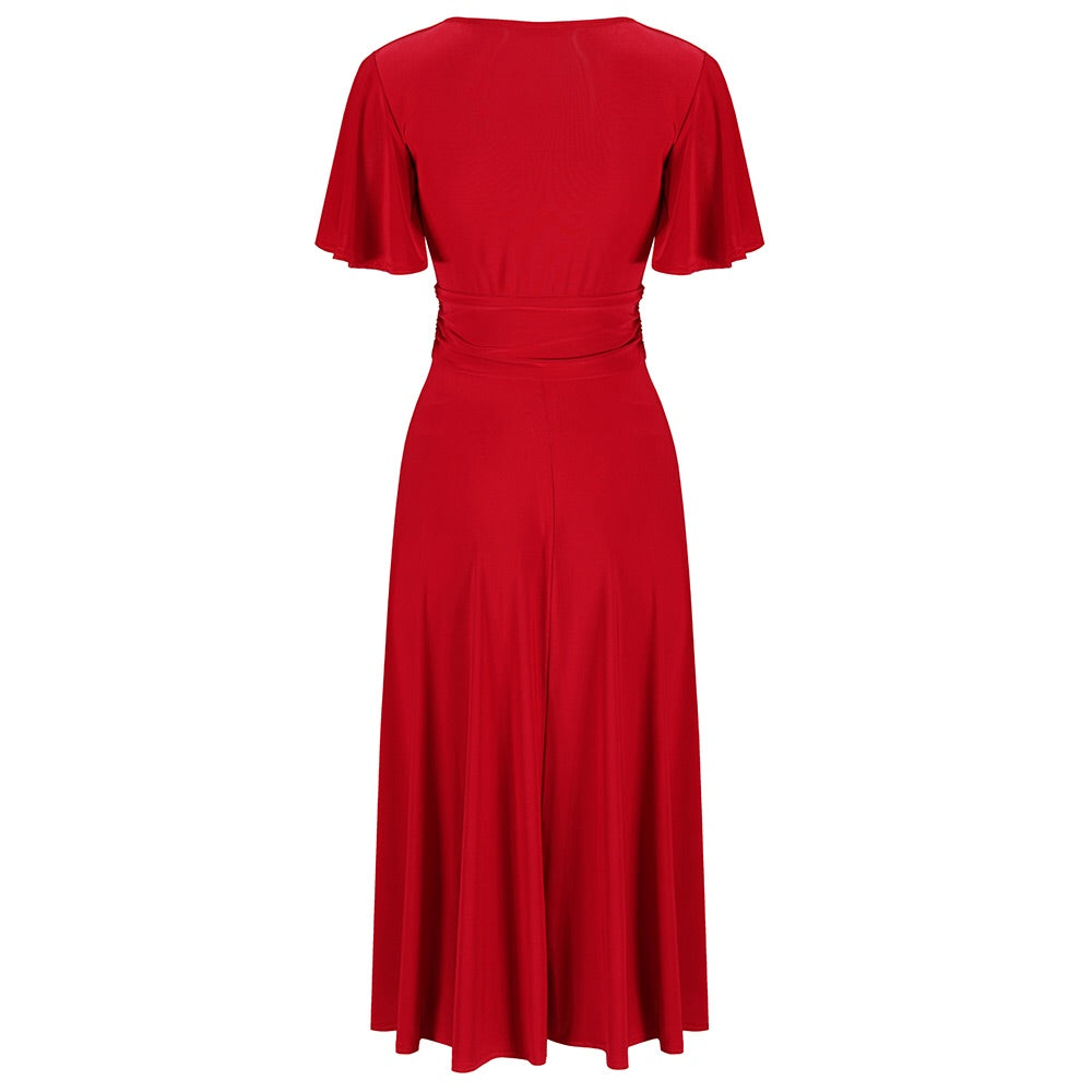 Red Cap Sleeve Crossover V Neck Vintage Wrap Top Swing Dress - Pretty ...