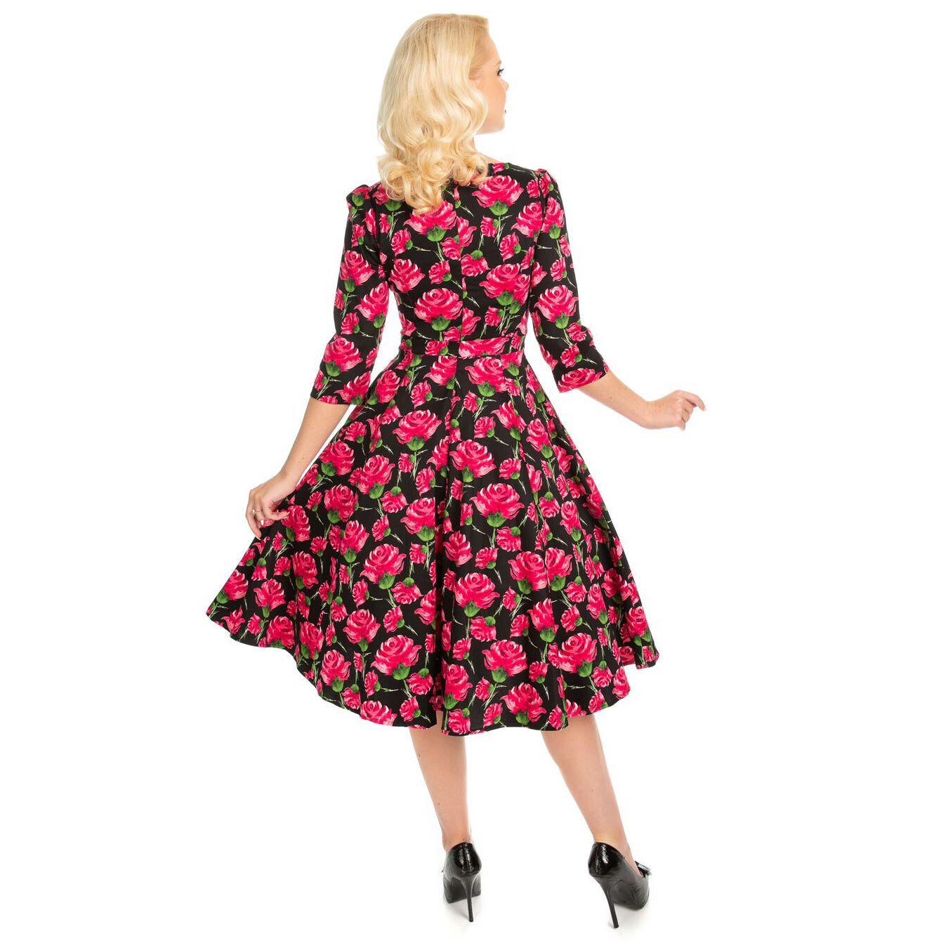 Vintage Black Red Rose Floral Print 3/4 Sleeve 50s Swing Dress - Pretty Kitty Fashion