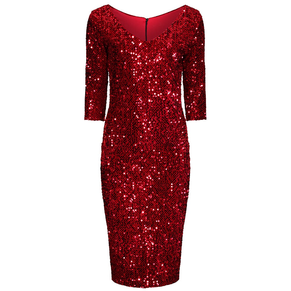 Red 3/4 Sleeve V Neck Velour Sequin Pencil Wiggle Party Dress - Pretty Kitty Fashion