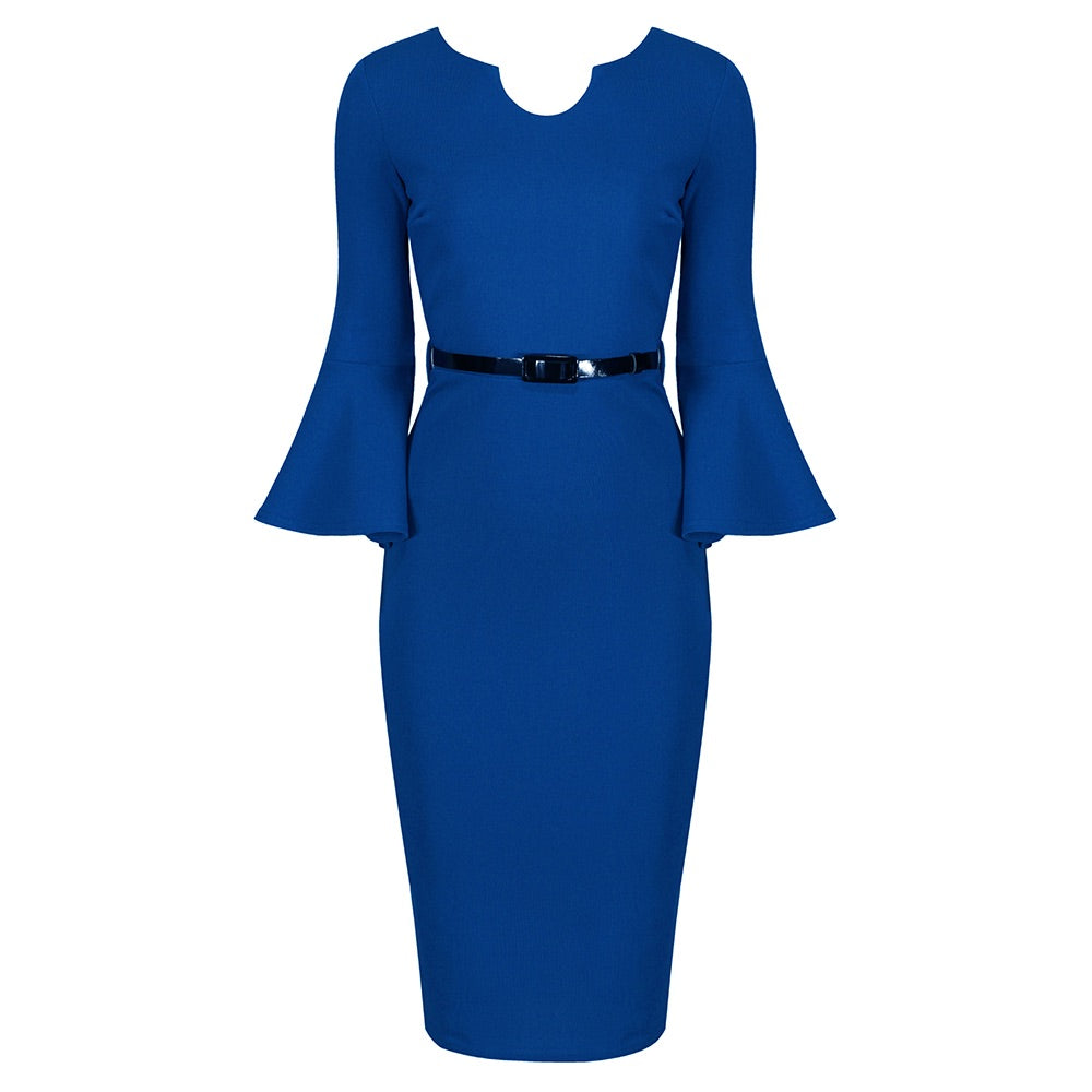 Royal Blue Belted 40s Style Peplum Sleeve Bodycon Wiggle Dress - Pretty Kitty Fashion