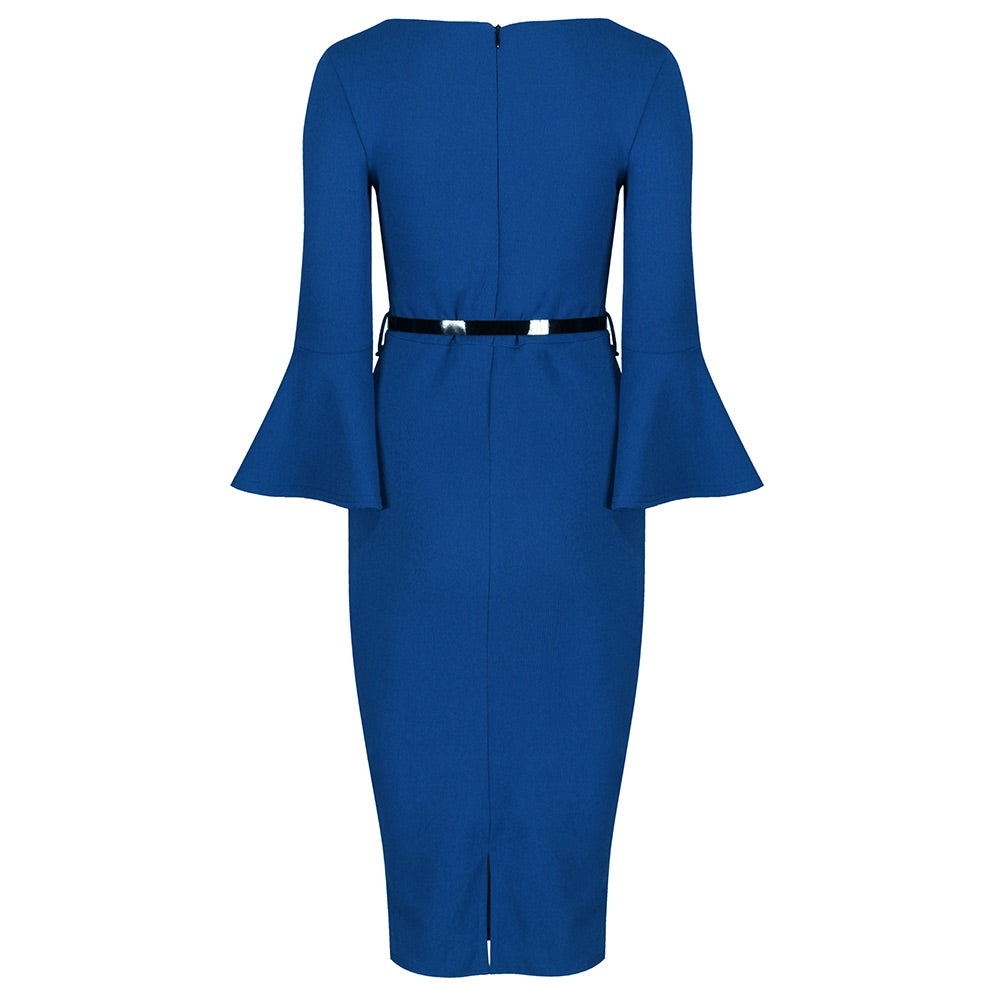 Royal Blue Belted 40s Style Peplum Sleeve Bodycon Wiggle Dress - Pretty Kitty Fashion