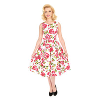 White and Pink Rose Floral Print Audrey 50s Summer Swing Dress - Pretty Kitty Fashion