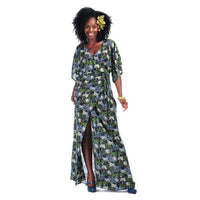 Navy Blue and Green Palm Tree Print Faux Wrap Maxi Dress - Pretty Kitty Fashion