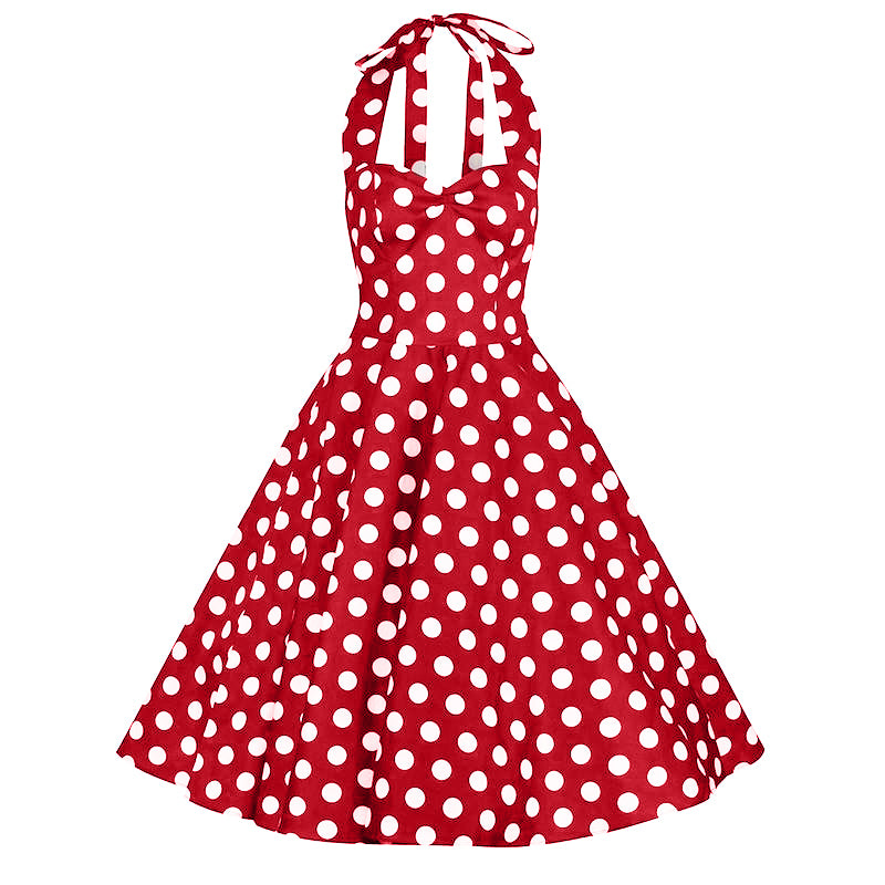 Red and White Polka Dot Rockabilly 50s Halter Swing Dress - Pretty Kitty Fashion