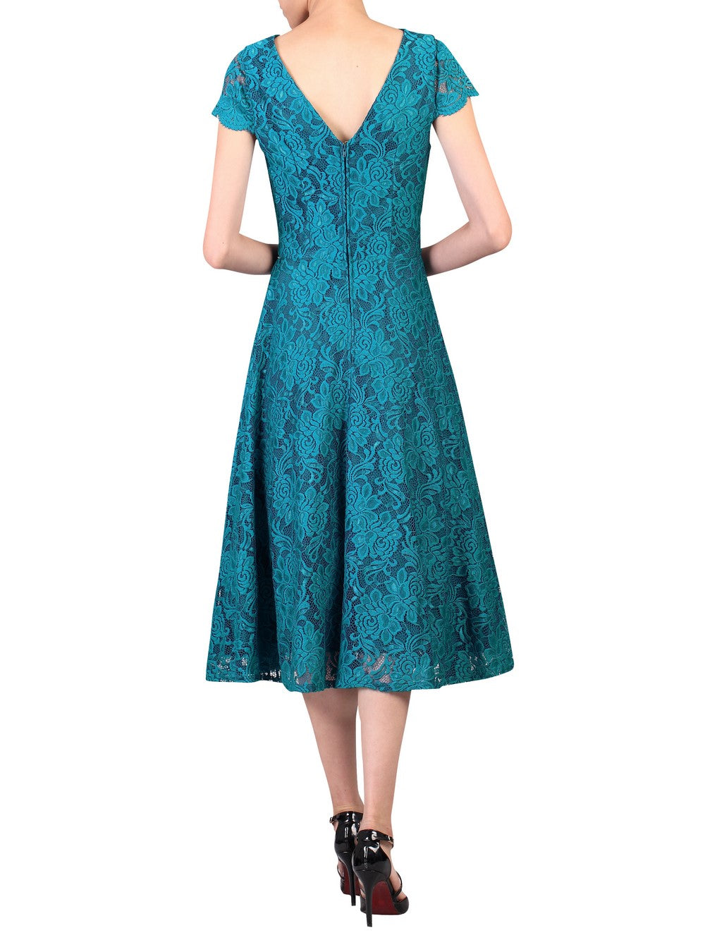 Jolie Moi Teal Lace Embroidered Cap Sleeve Swing Dress - Pretty Kitty Fashion