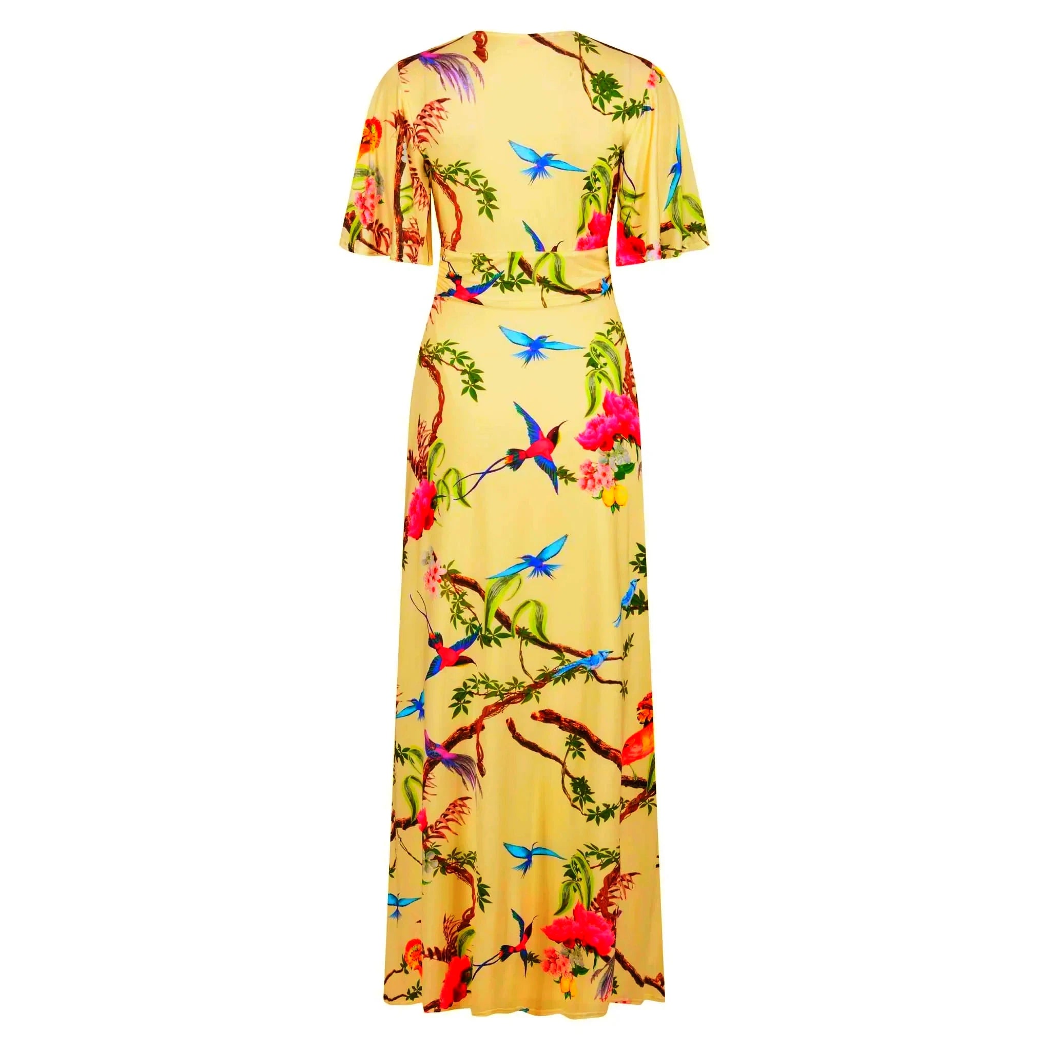 Yellow Tropical Bird & Floral Print Waterfall Sleeve Maxi Dress