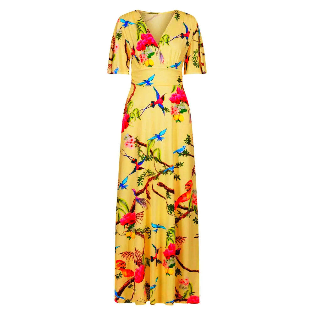 Yellow Tropical Bird & Floral Print Waterfall Sleeve Maxi Dress