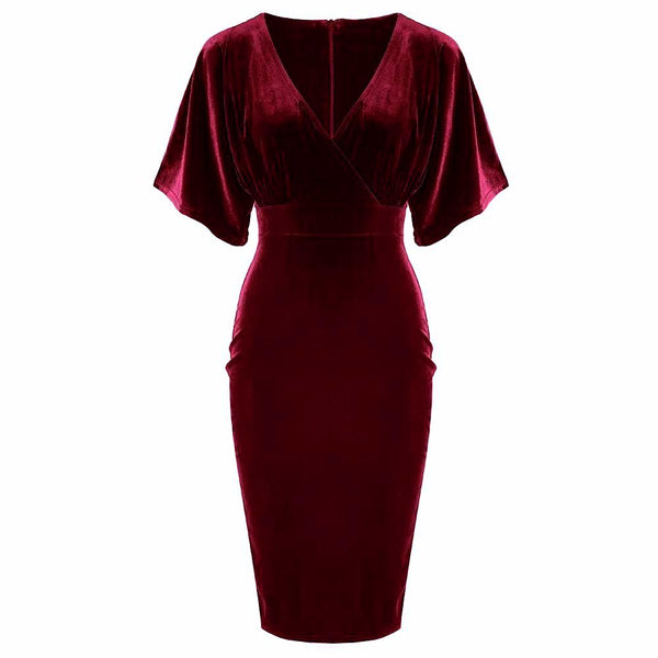 Wine Red Claret Velour Half Batwing Sleeve Crossover Top Wiggle Dress ...