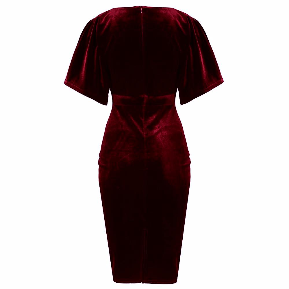 Wine Red Velour Half Batwing Sleeve Crossover Top Wiggle Dress - Pretty Kitty Fashion