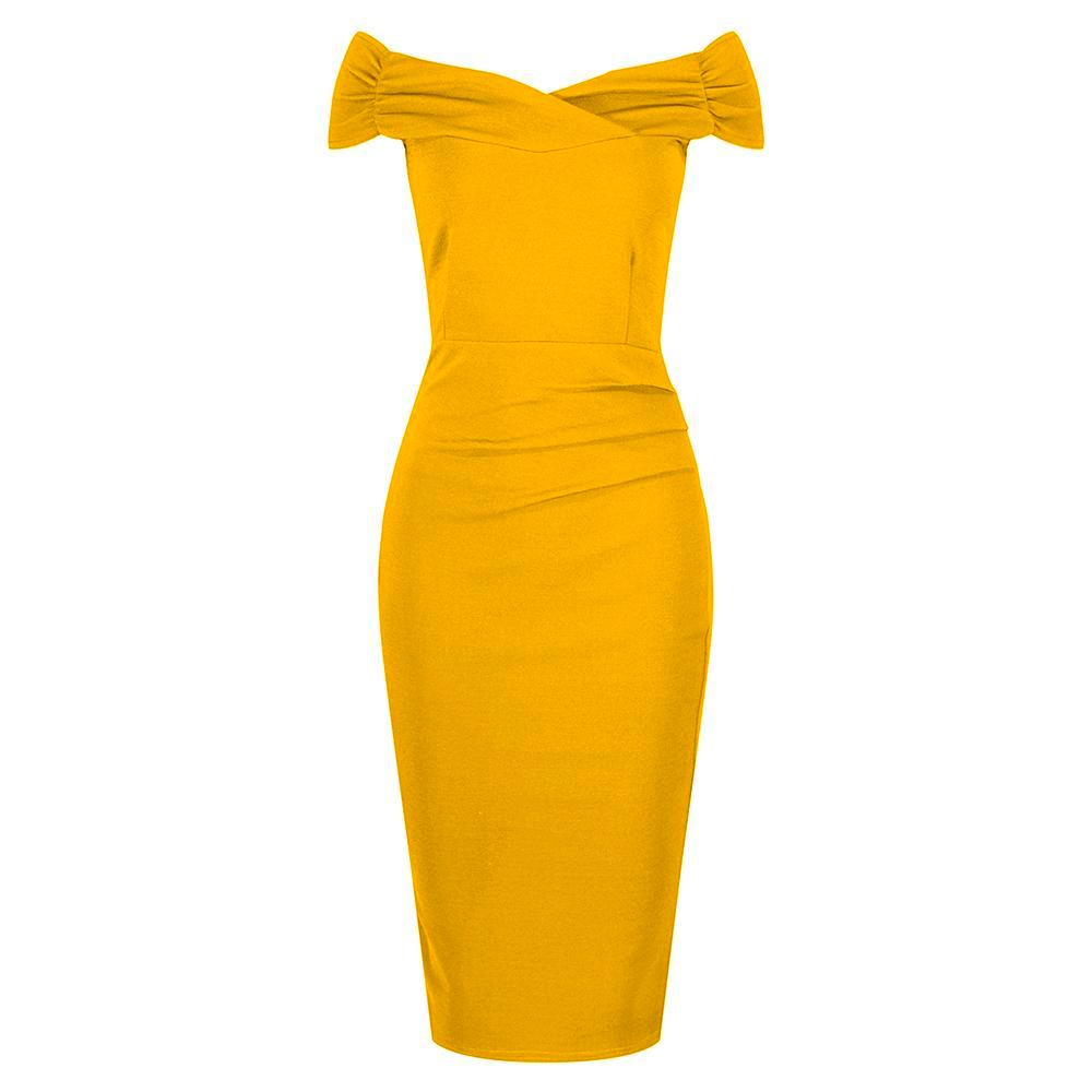 Honey Mustard Yellow Cap Sleeve Crossover Top Bardot Wiggle Dress ...