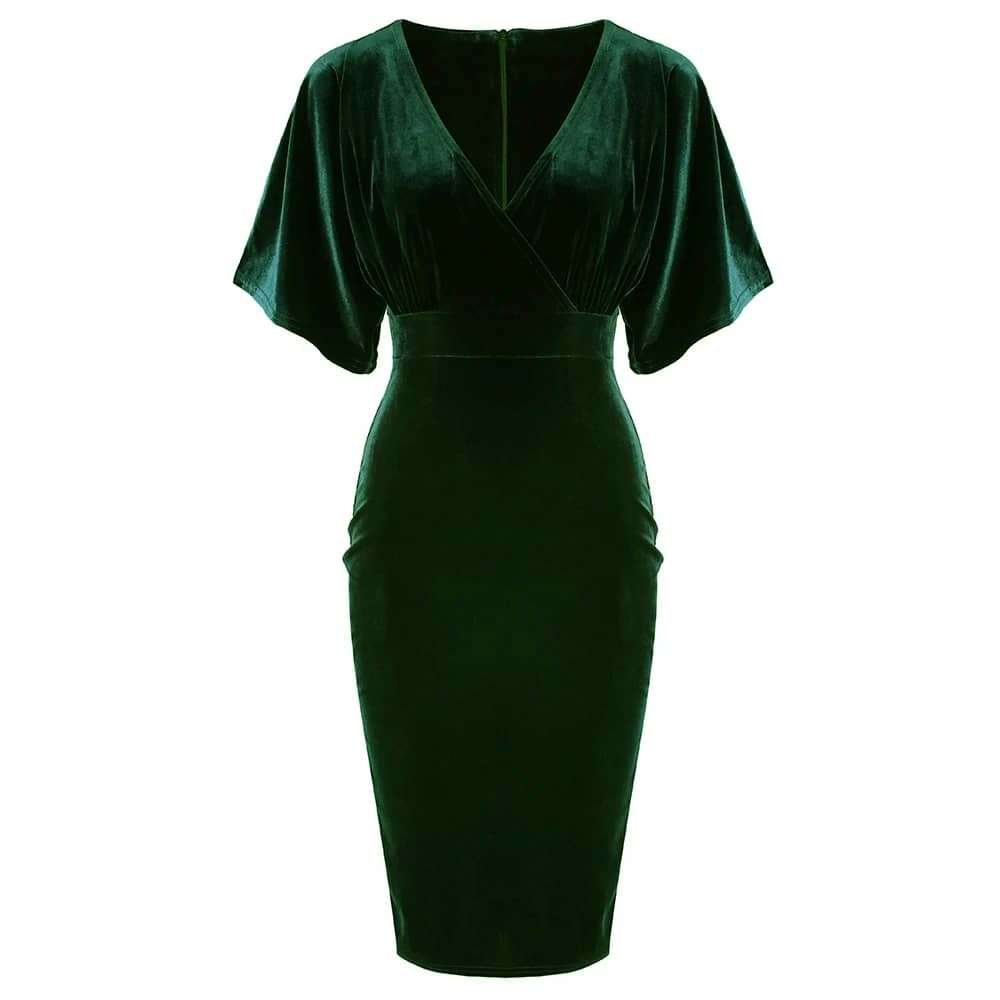 Emerald Green Velour Half Batwing Sleeve Crossover Top Wiggle Dress - Pretty Kitty Fashion