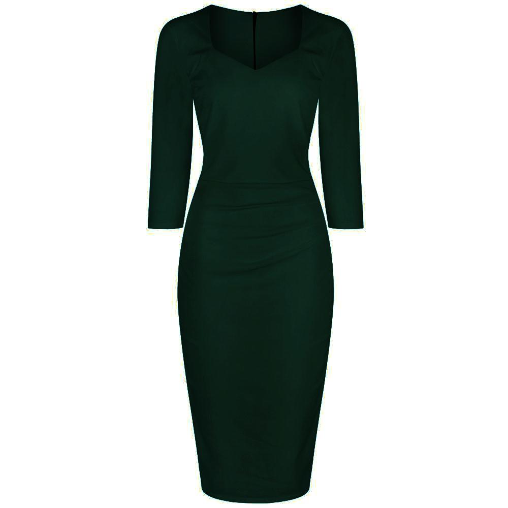 Dark Green 3/4 Sleeve Sweetheart Neckline Bodycon Wiggle Pencil Dress - Pretty Kitty Fashion
