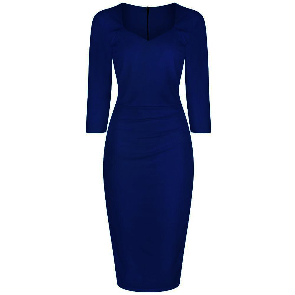 Navy Blue 3/4 Sleeve Sweetheart Neckline Bodycon Pencil  Dress - Pretty Kitty Fashion