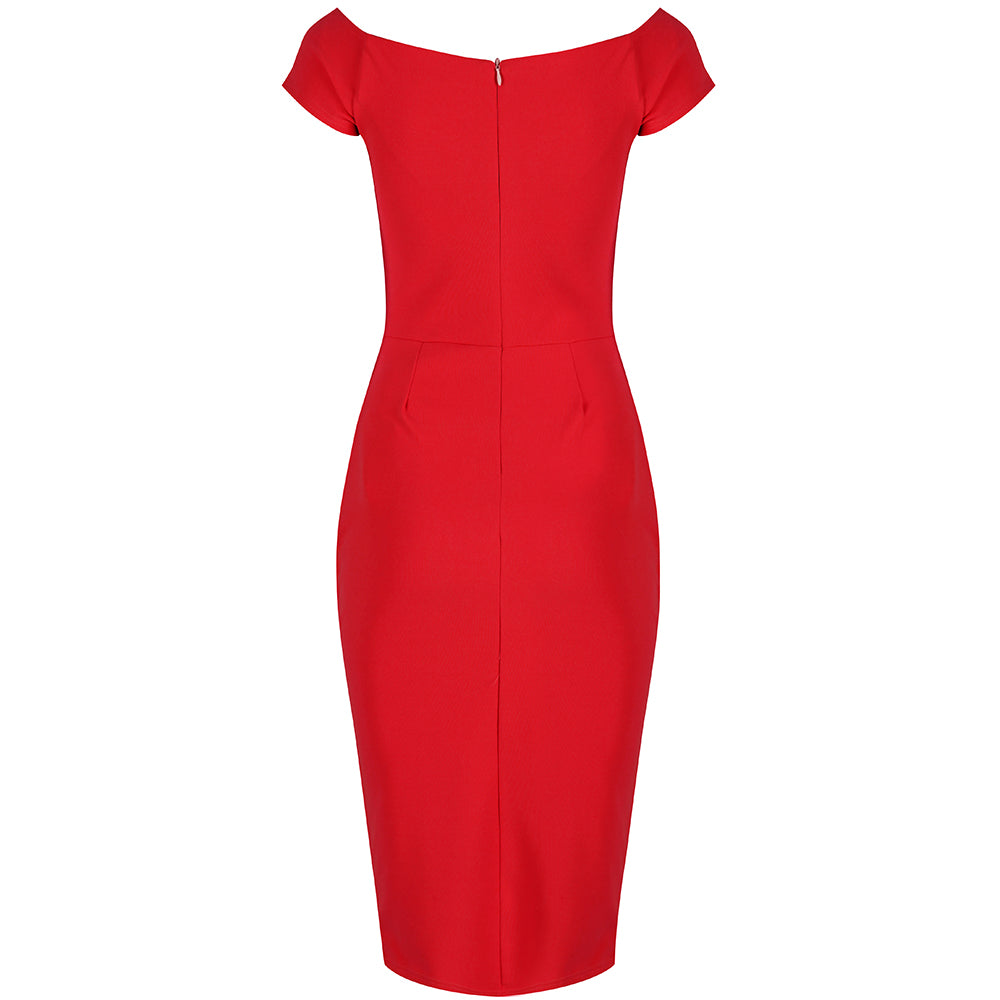 Red Notch Neck Cap Sleeve Bodycon Pencil Dress - Pretty Kitty Fashion