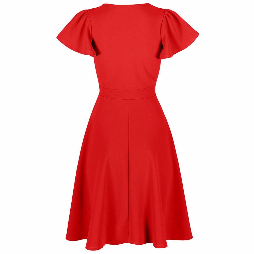 Red Gathered Cap Sleeve Crossover 50s Swing Dress - Pretty Kitty Fashion