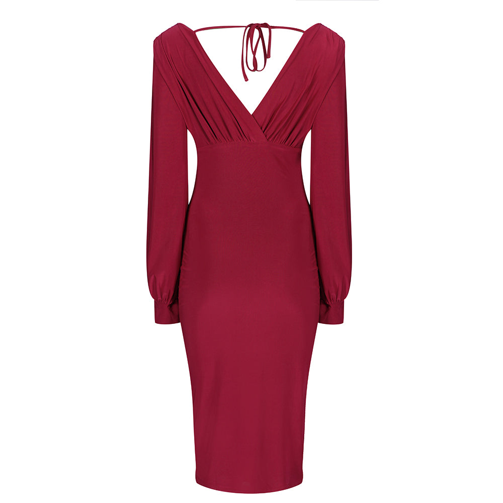 Red V Neck Long Sleeve Slinky Bodycon Midi Dress - Pretty Kitty Fashion