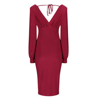 Red V Neck Long Sleeve Slinky Bodycon Midi Dress - Pretty Kitty Fashion