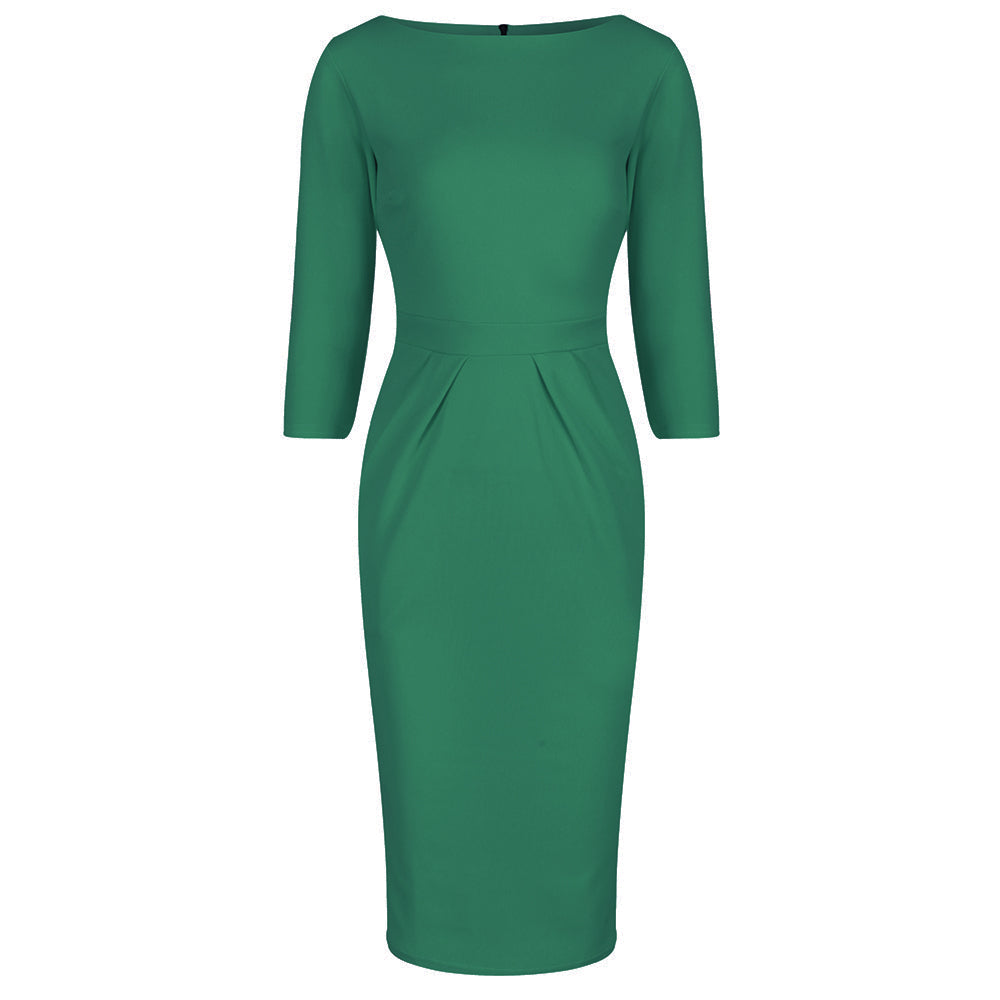 Emerald Green 3/4 Sleeve Pleated Bodycon Pencil Dress - Pretty Kitty Fashion