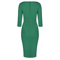 Emerald Green 3/4 Sleeve Pleated Bodycon Pencil Dress - Pretty Kitty Fashion