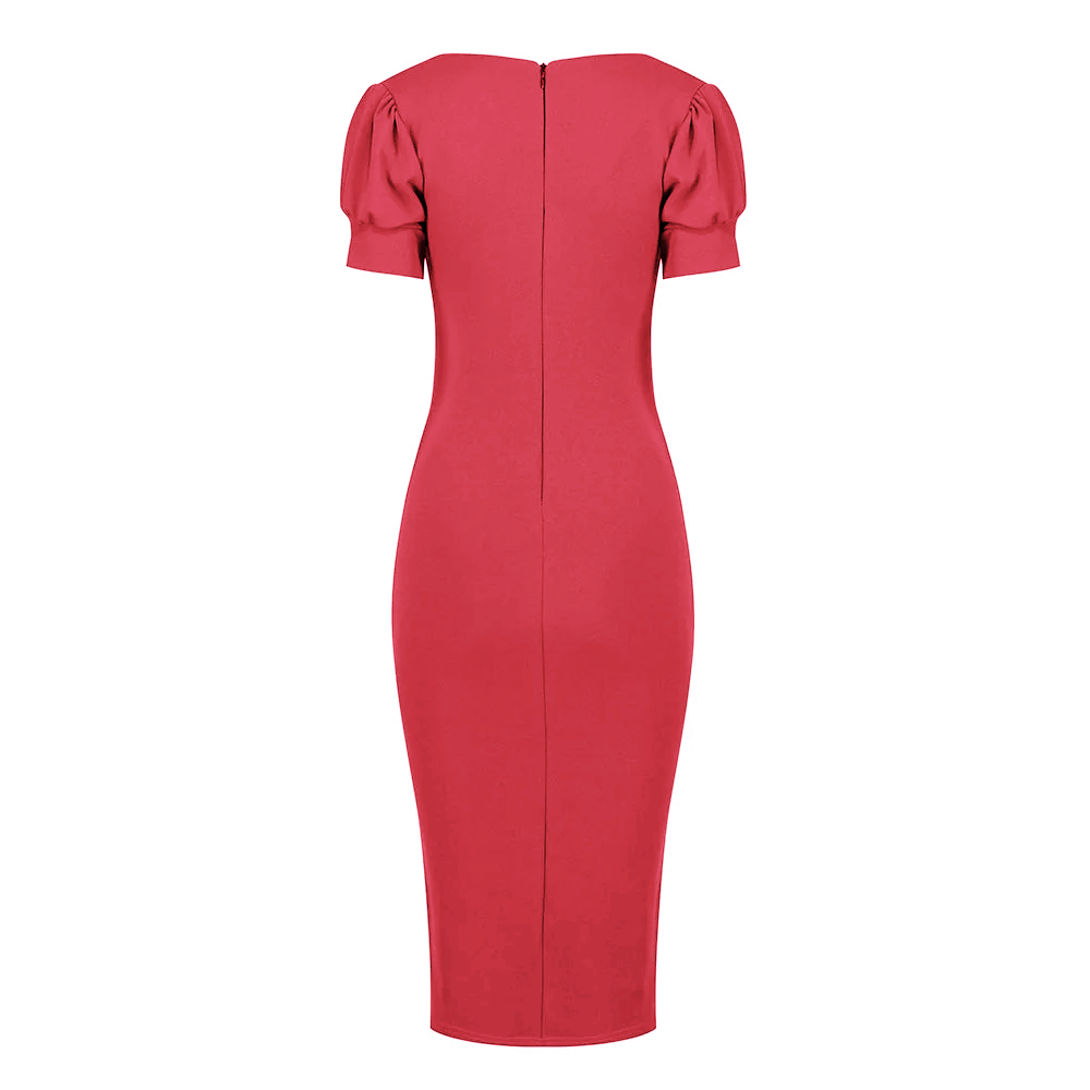 Red Puff Sleeve V Neck Bodycon Pencil Dress - Pretty Kitty Fashion