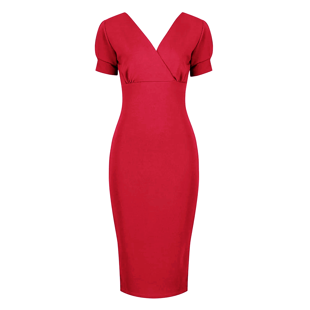 Red Puff Sleeve V Neck Bodycon Pencil Dress