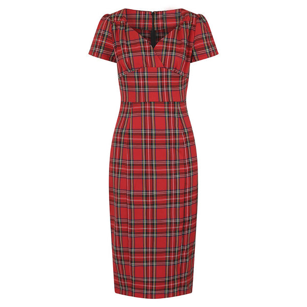 Red Highland Tartan Check Short Sleeve Wiggle Pencil Dress - Pretty ...