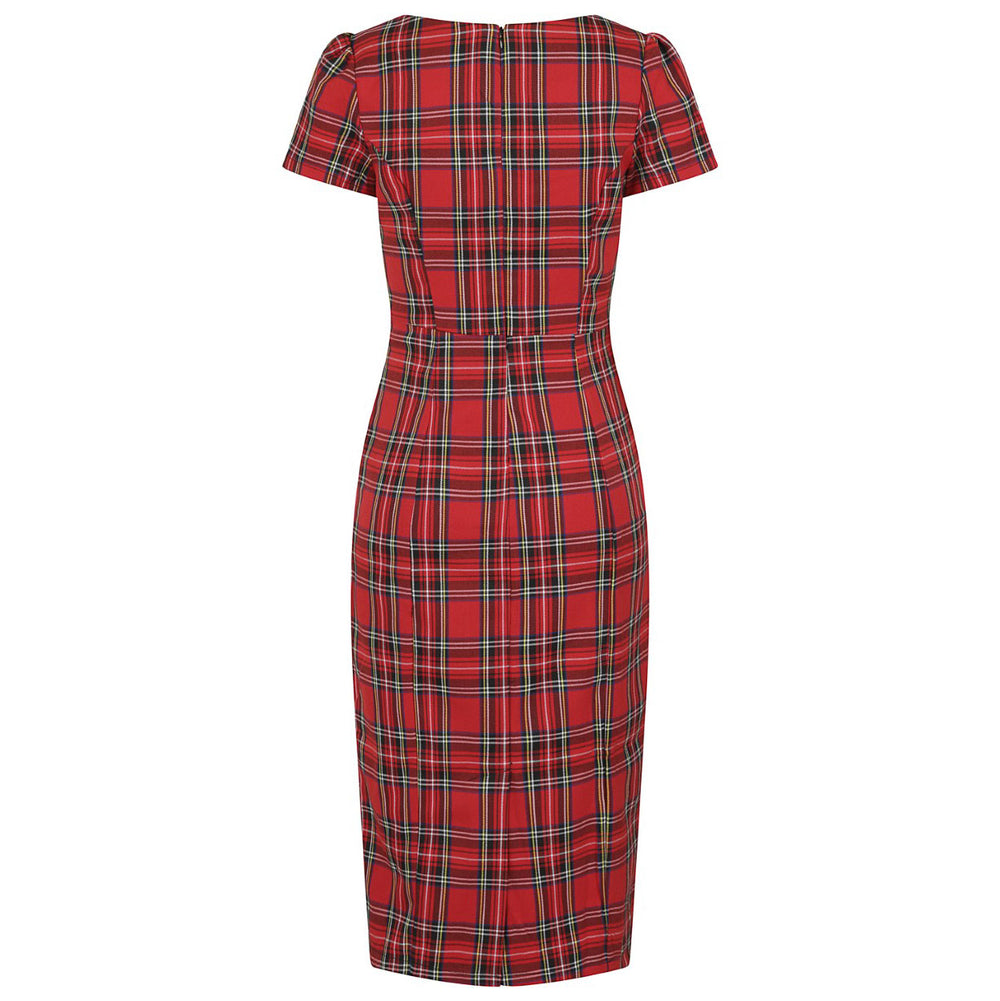 Red Highland Tartan Burns Check Short Sleeve Wiggle Pencil Dress - Pretty Kitty Fashion