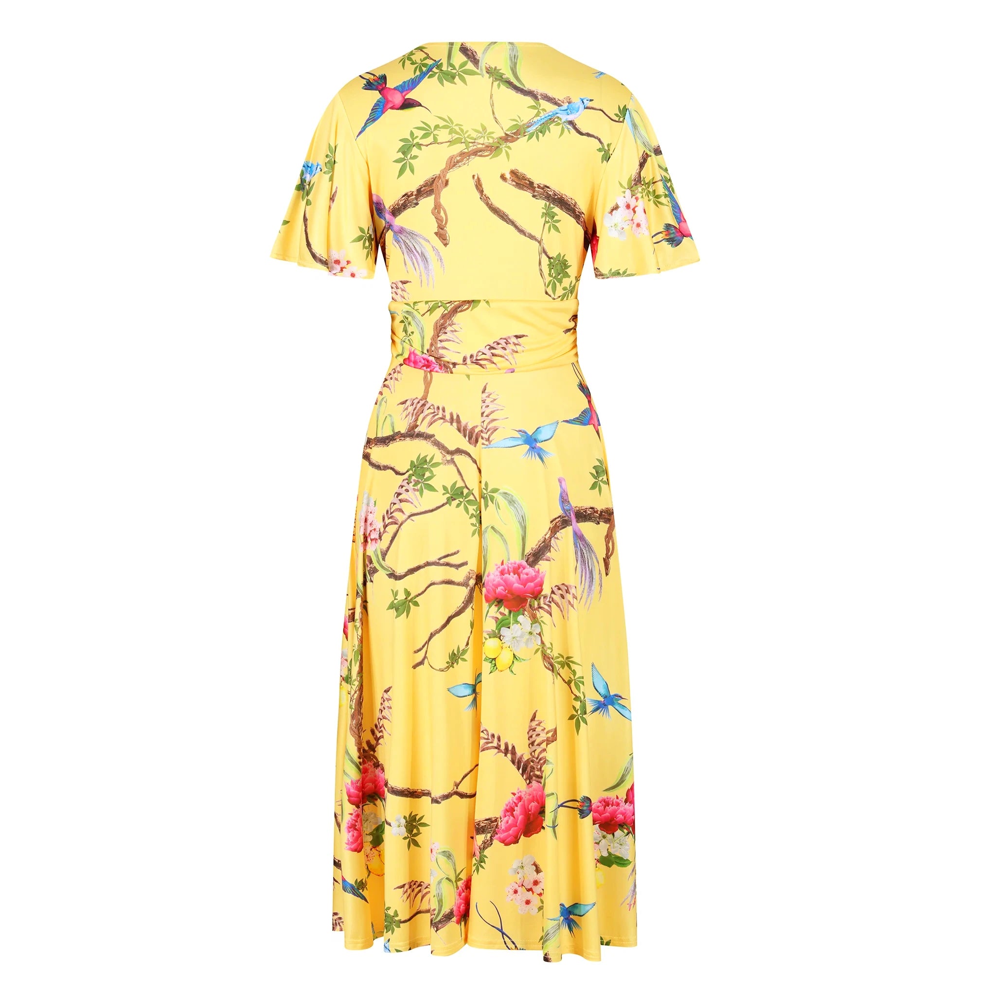 Yellow Floral Bird Print Cap Sleeve Crossover Wrap Top Swing Dress