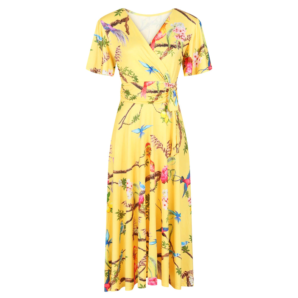 Yellow Floral Bird Print Cap Sleeve Crossover Wrap Top Swing Dress